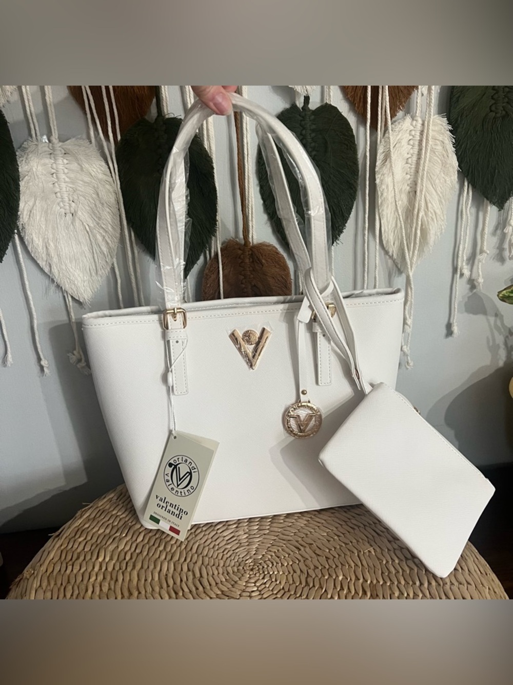 Valentino White Tote with Gold Logo Charm and Wristlet